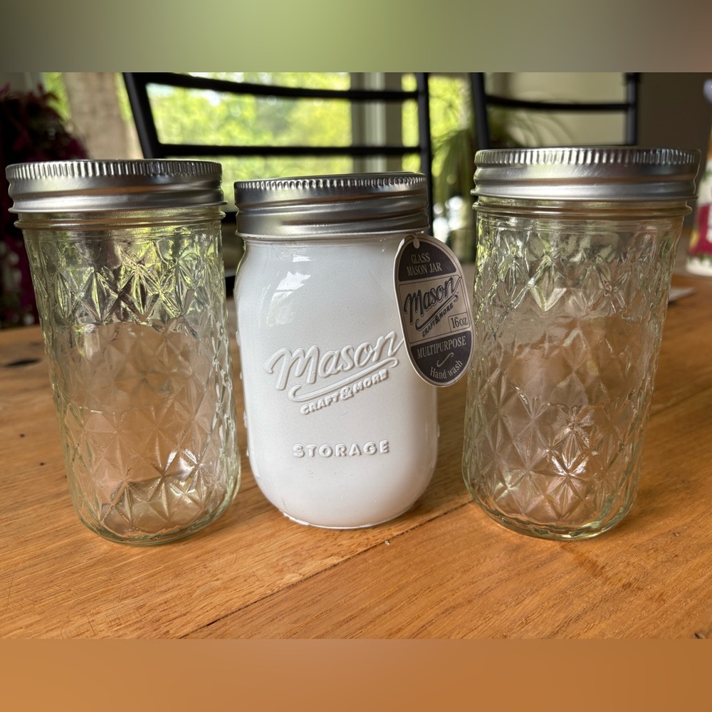 3 Glass Mason Jars. 2 brand new 10 oz Jelly Jars and 1- 16oz Multi Purpose Jar.